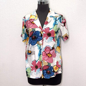 Jams World Top Bellissima Button Up Blouse Women XS White Floral Short Sleeve